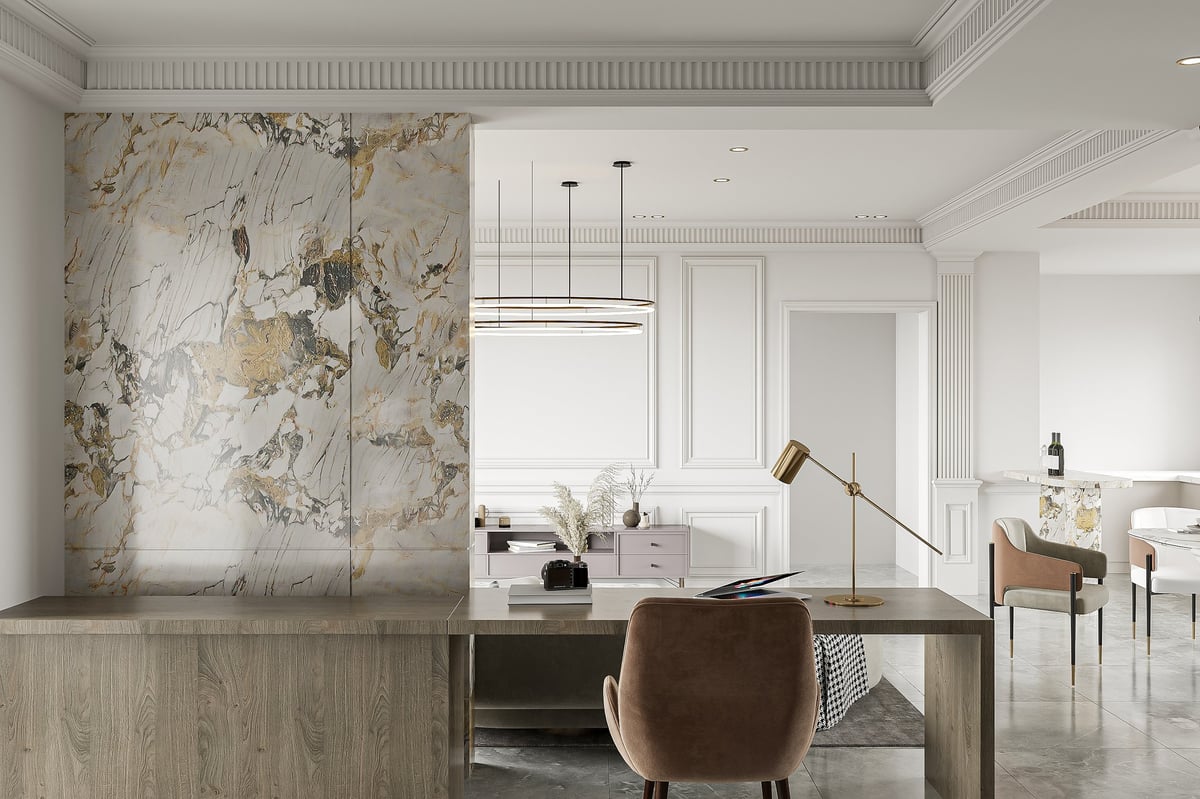 Modern Home Office with Marble Accent Wall and Stylish Minimalist Decor