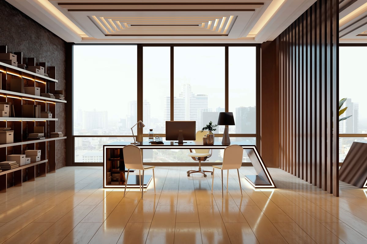 Sophisticated modern office interior with glass desk, bookshelves, cityscape view, and stylish ceiling lights